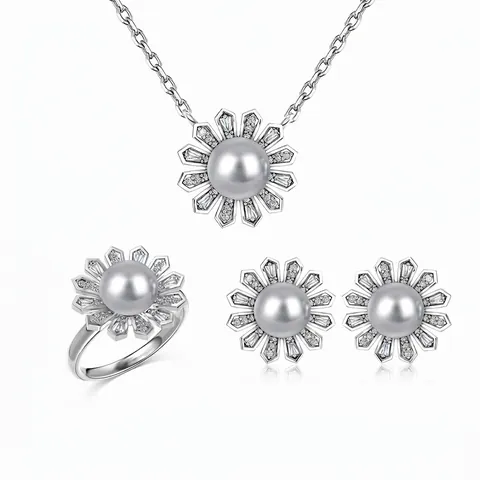 S925 Argent Sterling Tournesol Ensemble de Bijoux Perle Artificielle Grise Strass Collier Boucles d'Oreilles Bague pour Femme Accessoires Mode Élégants