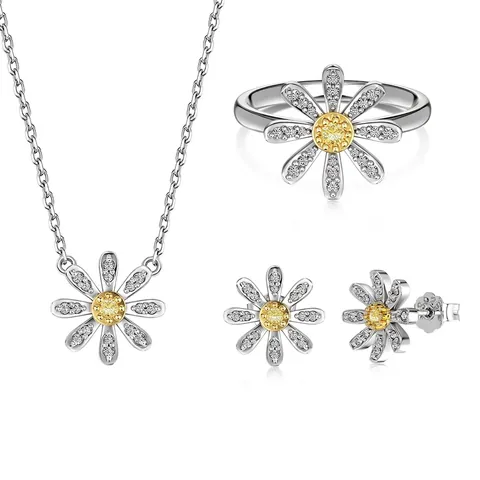 925 Sterling Silver Daisy Jewelry Set Zirconia Inlaid Necklace Earrings Ring Fresh Flower Style Elegant Jewelry For Women