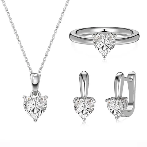 Franse 925 Sterling Zilveren Hart Sieradenset Voor Dames Verfijnde Zirkonia Ingelegde Ketting Ring Oorbellen Set Zilveren Sieraden