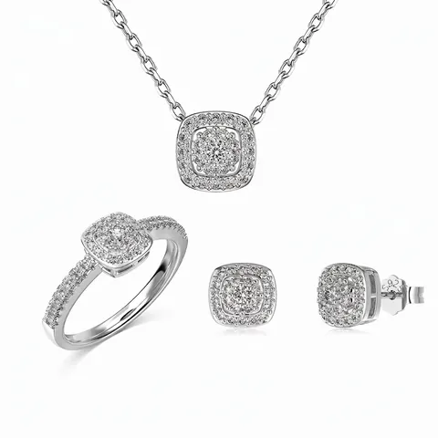 Set di Gioielli in Argento Sterling S925 per Donna Halo Quadrato con Zirconia Intarsiata Collana Orecchini Anello Gioielli