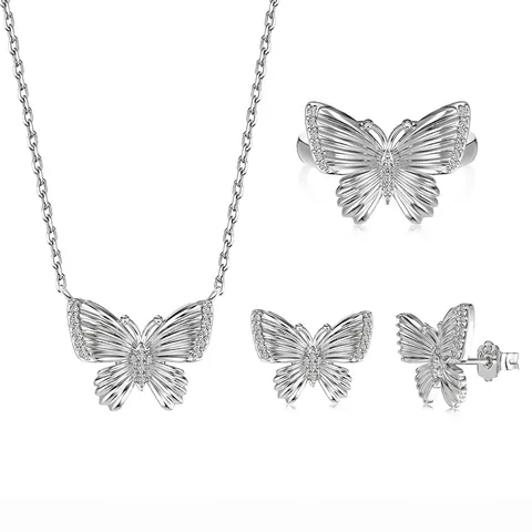 925 Sterling Zilver Vlinder Sieradenset Zirconia Ingelegd Ketting Oorbellen Ring Voor Vrouwen Elegante Accessoires
