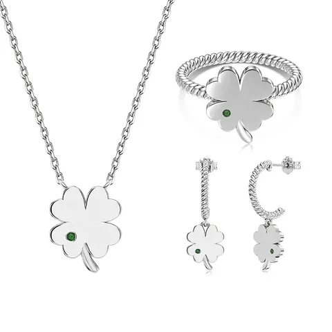 925 Sterling Silver Green Zirconia Four Leaf Clover Jewelry Set Elegant Luxury Clover Necklace Ring Earrings Jewelry Set For Women