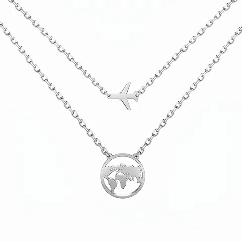 Collar de Doble Capa de Plata de Ley 925 para Mujer Colgante de Avión Minimalista Mapa del Mundo Hueco Joyería de Viaje