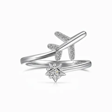 S925 Sterling Silver Airplane Star Open Ring For Women Minimalist Adjustable Zirconia Inlaid Commute Jewelry Finger Ring Gift