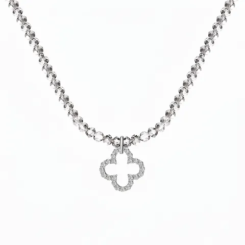 Collana in Argento Sterling 925 con Ciondolo a Quadrifoglio Traforato Grigia con Perline in Cristallo Artificiale e Strass Donna