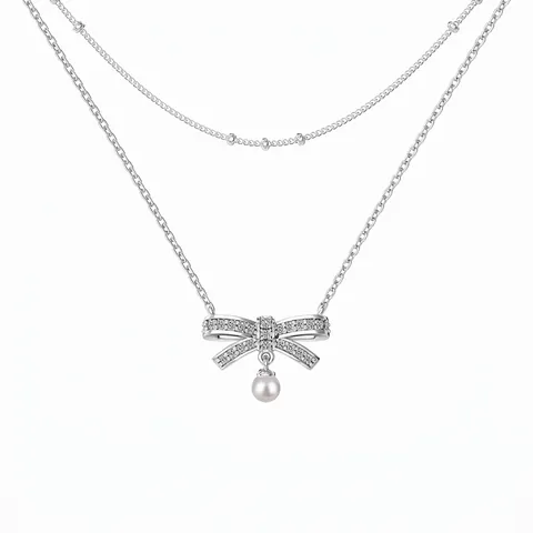 Collana a Doppio Strato in Argento Sterling 925 Con Pendente a Fiocco in Zirconia e Perla Artificiale Gioielli Donna Placcati Oro Argento