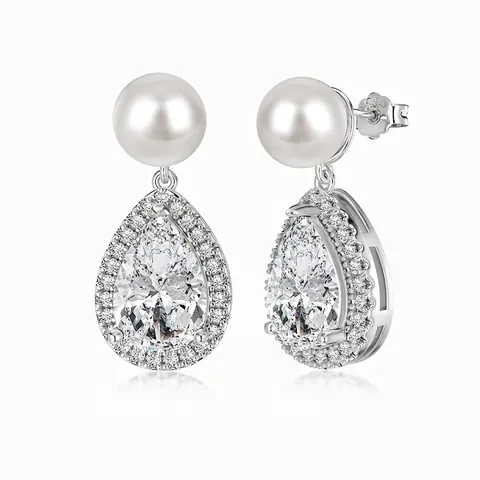 Orecchini a Bottone Halo in Argento Sterling S925 Con Zirconia Taglio a Pera e Perla Artificiale Gioielli Donna Business