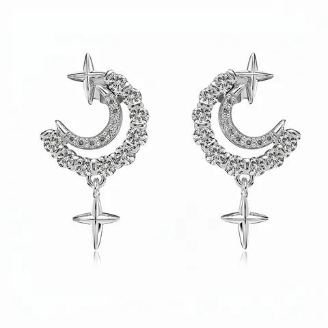 925 Sterling Silver Moon Star Stud Earrings Zirconia Inlaid French Light Luxury Hollow Celestial Jewelry For Women Gift
