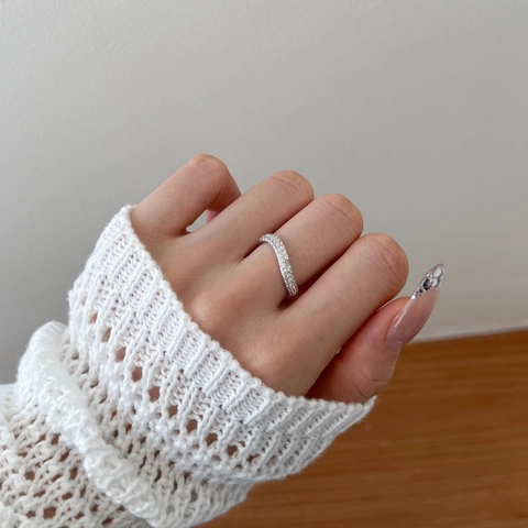 Anello a Onda con Doppia Fila di Zirconia in Argento Sterling S925 per Donna Placcato Oro 18K Gioielli di Moda Niche Geometrici