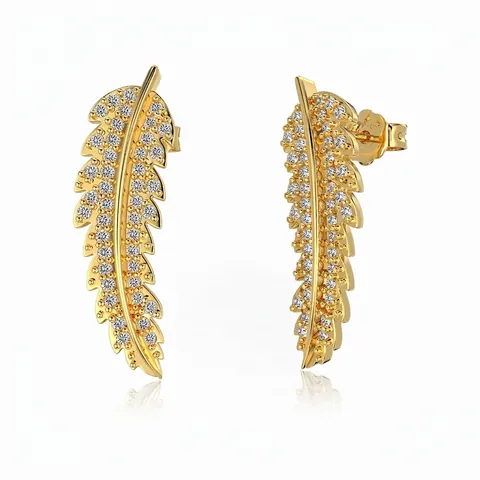 Orecchini a Bottone in Argento Sterling 925 a Forma di Foglia di Piuma Stile Francese per Donna con Zirconia Intarsiata Gioielli Eleganti