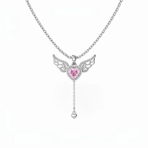 Collar de Plata de Ley 925 para Mujer Colgante de Corazón Rosa Alas de Ángel Circonita Borla Joyería de Moda Elegante Regalo