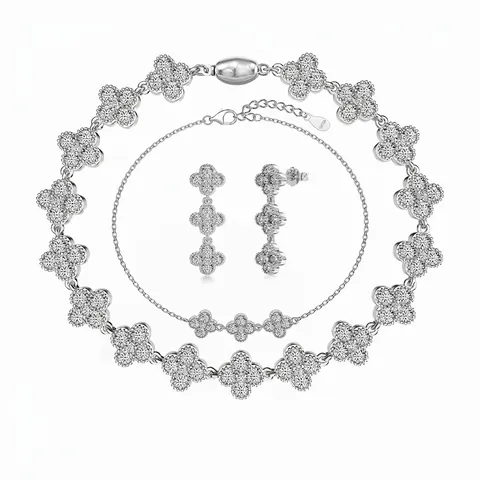 925 Sterling Silver Clover Jewelry Set Zirconia Inlaid Bracelet Earring Studs For Women Light Luxury Fashion Accessory