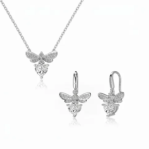 S925 Sterlingsilber Schmuckset Glühwürmchen Form Herz Zirkonia Anhänger Halskette Eingelegte Ohrstecker Für Damen Edler Schmuck