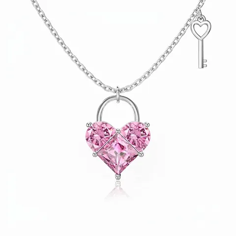 925 Sterling Silver Heart Lock And Key Necklace For Women Pink Zirconia Pendant Clavicle Chain Romantic Jewelry Gift