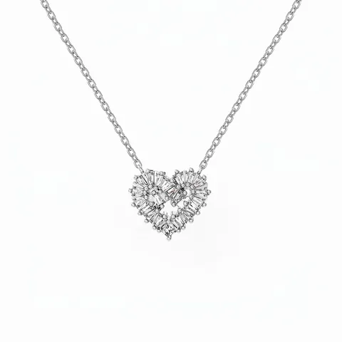 925 Sterling Silber Herz Anhänger Halskette Für Damen Baguette Schliff Zirkonia Pavé Fassung Verstellbare Schlüsselbeinkette
