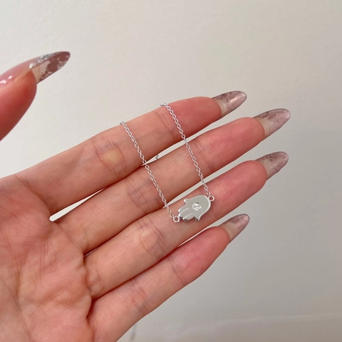 Collana a Mano di Fatima in Argento Sterling 925 Elegante Ciondolo Intarsiato con Zirconia Catena Clavicola per Donna Gioielli