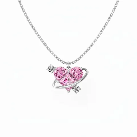 925 Sterlingsilber Rosa Herz Planet Anhänger Halskette Für Damen Zirkonia Saturn Orb Schlüsselbeinkette Retro Mode Schmuck