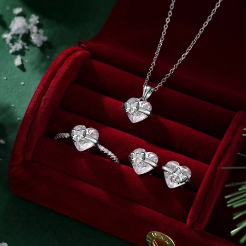 925 Sterling Silver Heart Bow Jewelry Set For Women Elegant Zirconia Heart Necklace Stud Earrings Finger Ring Christmas Gift Accessory