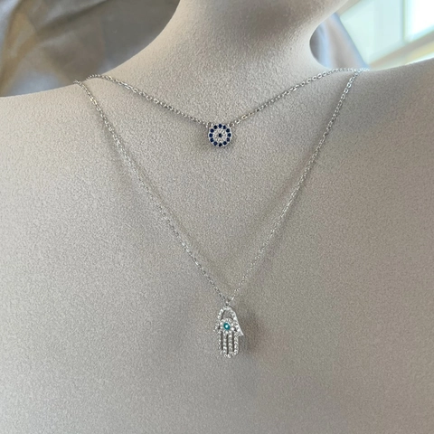 S925 Sterlingsilber Zweilagige Halskette Mit Bösem Blick Und Hand Der Fatima Anhänger Zirkonia Eingelegt Feine Schlüsselbeinkette