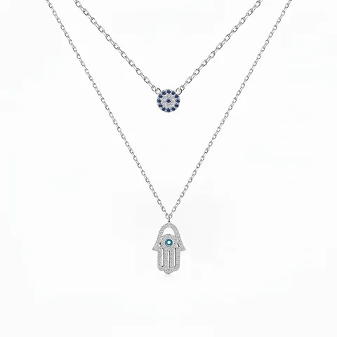 S925 Sterlingsilber Zweilagige Halskette Mit Bösem Blick Und Hand Der Fatima Anhänger Zirkonia Eingelegt Feine Schlüsselbeinkette