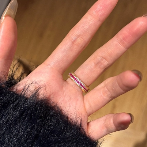 S925 Sterlingsilber Rosa Weißer Zirkonia Pave Eingelegt 22K Vergoldet Mode Geometrischer Band Ring Schmuck Für Damen