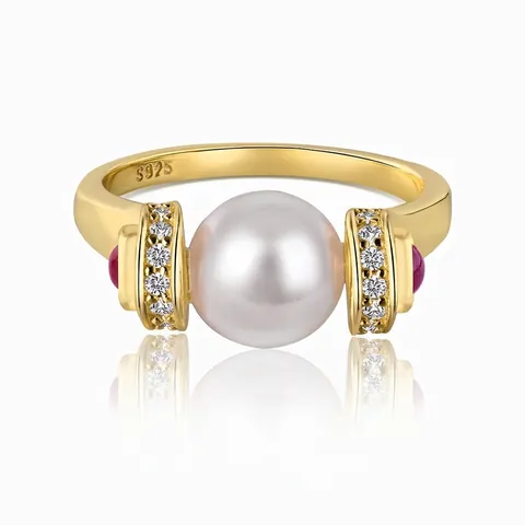Luxury 925 Sterling Silver Ring For Women Elegant Artificial Pearl Rhinestone Geometric Gold Plated Fashion Daily Wedding Jewelry