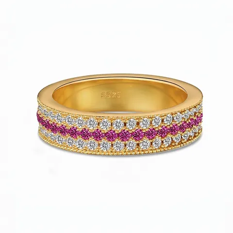 S925 Sterlingsilber Rosa Weißer Zirkonia Pave Eingelegt 22K Vergoldet Mode Geometrischer Band Ring Schmuck Für Damen