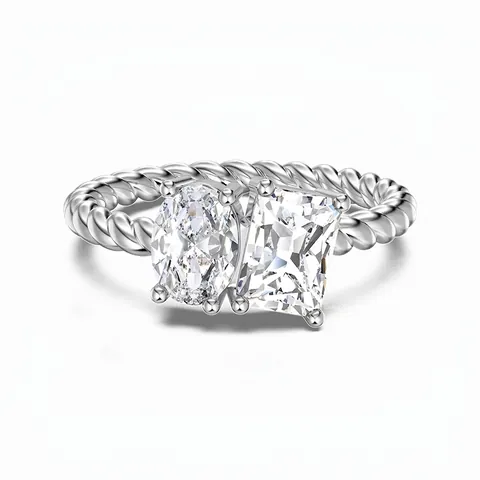 925 Sterling Zilver Toi Et Moi Ring Gedraaide Kabelband Ovaal Rechthoekig Zirconia Dubbele Steen Ring Voor Dames