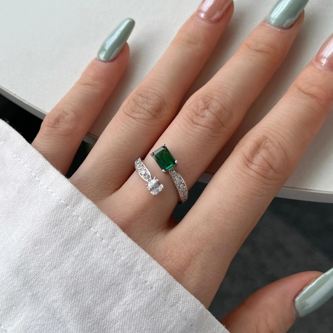 Luxury 925 Sterling Silver Emerald Cut Zirconia Open Ring Elegant Double Stone White Gold Plated Wedding Finger Jewelry For Women