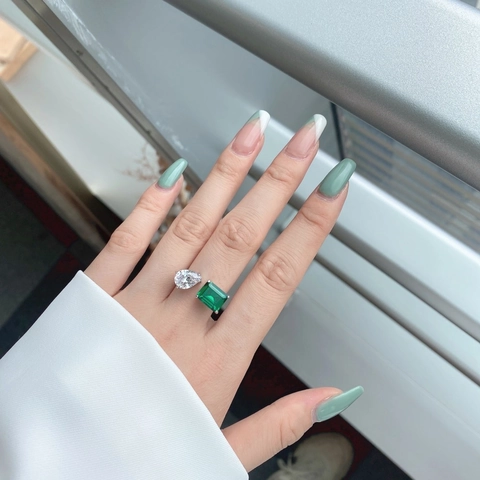 925 Sterling Silver Open Ring For Women Emerald Green Pear Cut Zirconia Double Stone Adjustable Fashion Jewelry Ring Gift