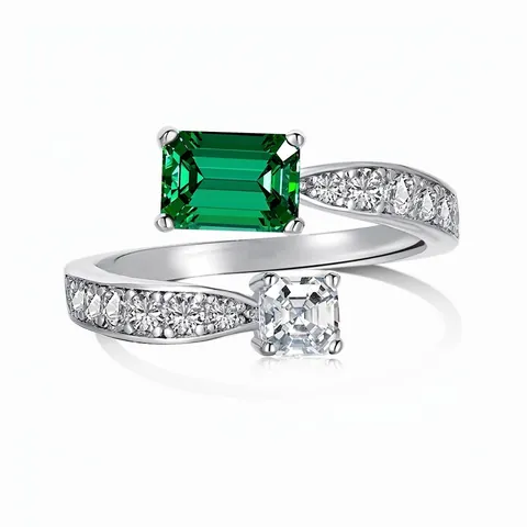 Luxury 925 Sterling Silver Emerald Cut Zirconia Open Ring Elegant Double Stone White Gold Plated Wedding Finger Jewelry For Women
