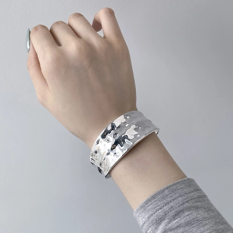 S925 Sterlingsilber Gehämmerter Armreif Für Damen Vintage Breit Wasserwelle Offenes Armband Retro Elegant Heavy Industry Schmuck