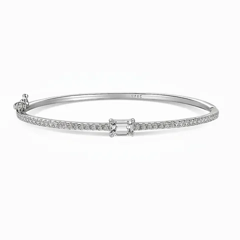 925 Sterling Silver Emerald Cut Zirconia Bangle Bracelet Elegant Pave Rhinestone Jewelry For Women Wedding Party Accessory