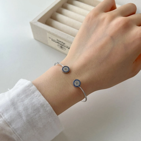925 Sterling Zilver Boze Oog Ronde Manchet Armband Voor Vrouwen Zirconia Ingelegd Verstelbare Open Armband Sieraden