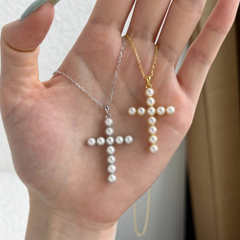 Collana con Croce in Argento Sterling 925 e Perla Artificiale per Donna Elegante Gioiello Religioso Catena a Girocollo Galvanica