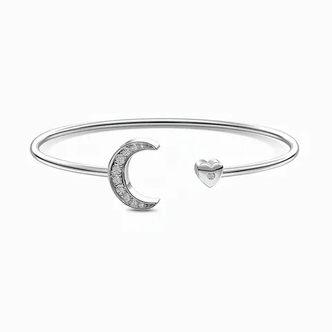 Bracciale Rigido Aperto Luna Cuore in Argento Sterling 925 Con Zirconia Intarsiata Braccialetto Regolabile Regalo Gioielli per Donna