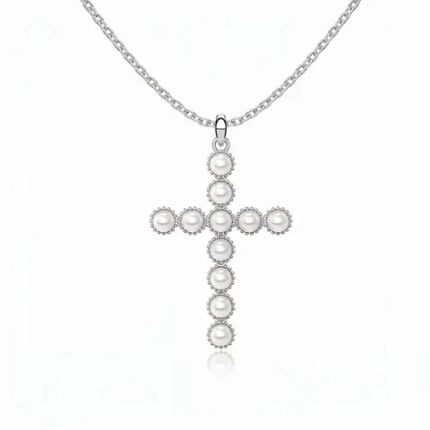 Collana con Croce in Argento Sterling 925 e Perla Artificiale per Donna Elegante Gioiello Religioso Catena a Girocollo Galvanica