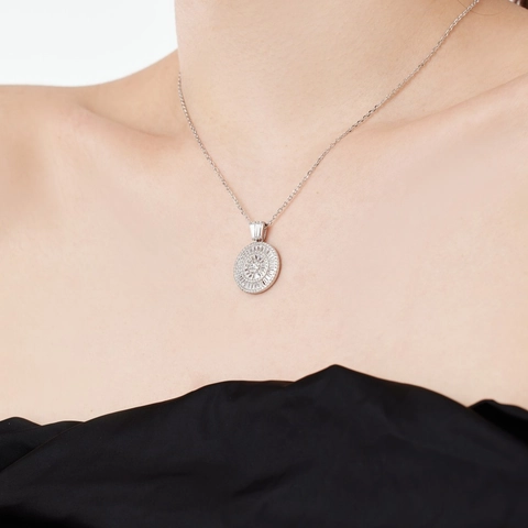 925 Sterling Silber Anhänger Halskette Für Damen Rund Konzentrischer Kreis Zirkonia Eingelegt Elegante Schlüsselbeinkette