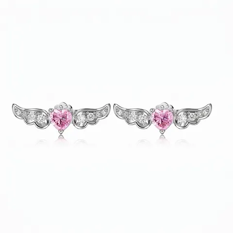 Orecchini a Bottone in Argento Sterling 925 con Ali di Angelo e Cuore Zirconia Rosa Intarsiata Gioielli di Moda per Donna Incontri Regalo