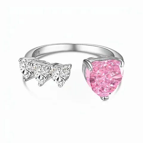 925 Sterling Silver Heart Zirconia Adjustable Open Ring Pink White Stone For Women Wedding Party Finger Jewelry