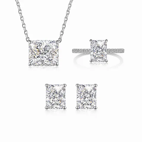 925 Sterling Silver Radiant Cut Rhinestone Jewelry Set For Women Elegant Square Necklace Earrings Ring Wedding Party Jewelry