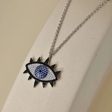 Collana con Pendente Malocchio in Argento Sterling S925 per Donna con Intarsi in Zirconia Blu Bianco Nero Gioielli alla Moda