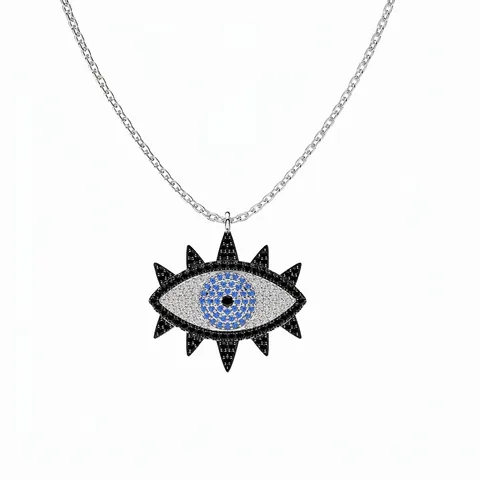 Collana con Pendente Malocchio in Argento Sterling S925 per Donna con Intarsi in Zirconia Blu Bianco Nero Gioielli alla Moda