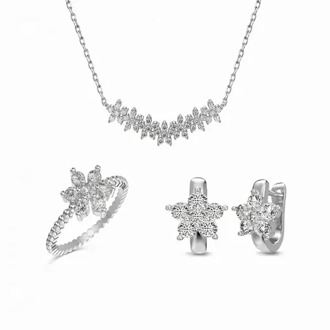 925 Sterlingsilber Schneeflocke Blume Schmuckset Zirkonia Eingelegt Kette Ohrstecker Verstellbarer Ring Für Damen Mode Accessoires