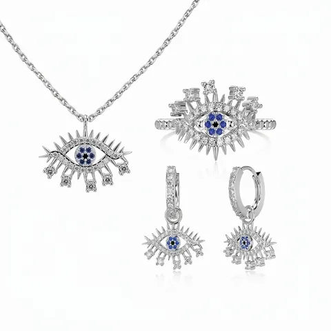 925 Sterling Zilver Boze Oog Sieradenset Blauwe Zirconia Ketting Oorbellen Ring Voor Vrouwen Elegante Accessoires