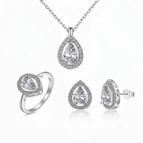 925 Sterling Silver Waterdrop Halo Jewelry Set For Women Zirconia Inlaid Teardrop Necklace Earring Stud Ring Wedding Gift