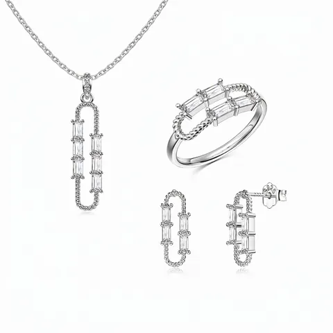 925 Sterling Silver Baguette Zirconia Necklace Earrings Ring Jewelry For Women Modern Paperclip Design Hollow Jewelry