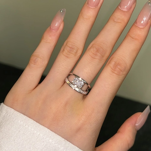 Luxurious 925 Sterling Silver Double Layer Square Zirconia Ring For Women Ice Flower Cut Engagement Wedding Party Jewelry