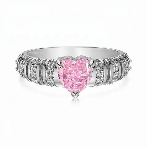Anello a Cuore in Argento Sterling 925 per Donna Zirconia Rosa Intarsiato Elegante Moda Lusso Leggero Gioielli per Matrimonio Festa