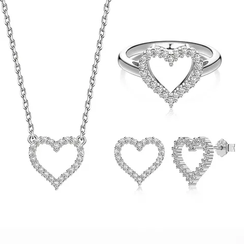 925 Sterling Zilveren Hart Sieradenset Voor Dames Hol Hart Zirconia Hanger Ketting Open Ring Oorknopjes Mode Sieraden